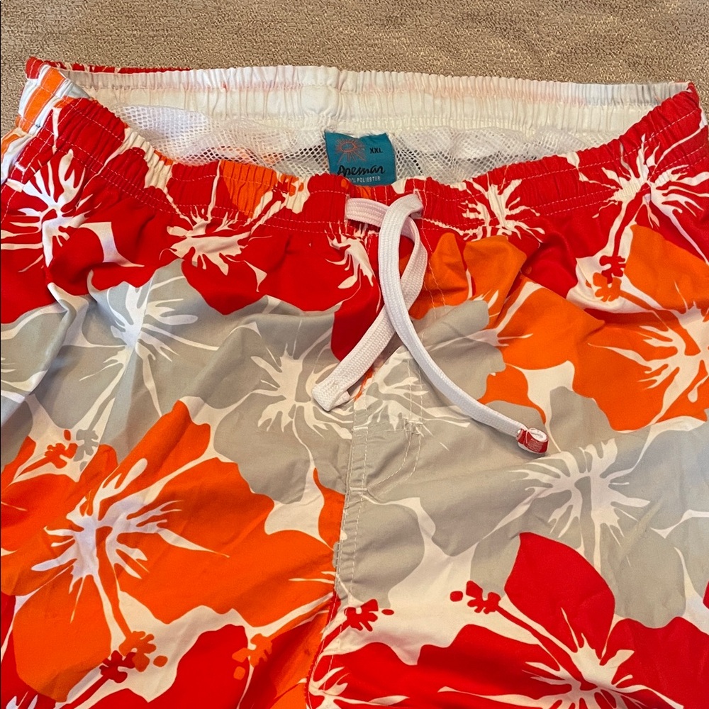Hawaiian Floral Swim Trunks - Red, Gray and Orange